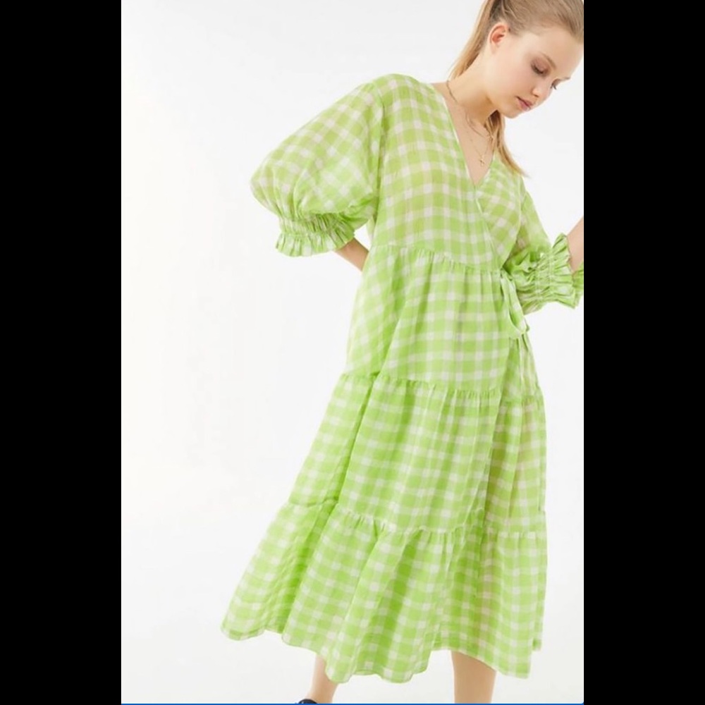 Lime Green Sheer Gingham Wrap Dress
